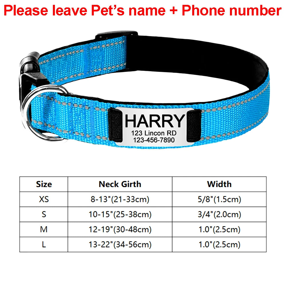 Adjustable Reflective Dog Collar Nylon Custom Engraved Name ID Tag Personalized Luminous Puppy Gleamy Large Unisex Dog Collar