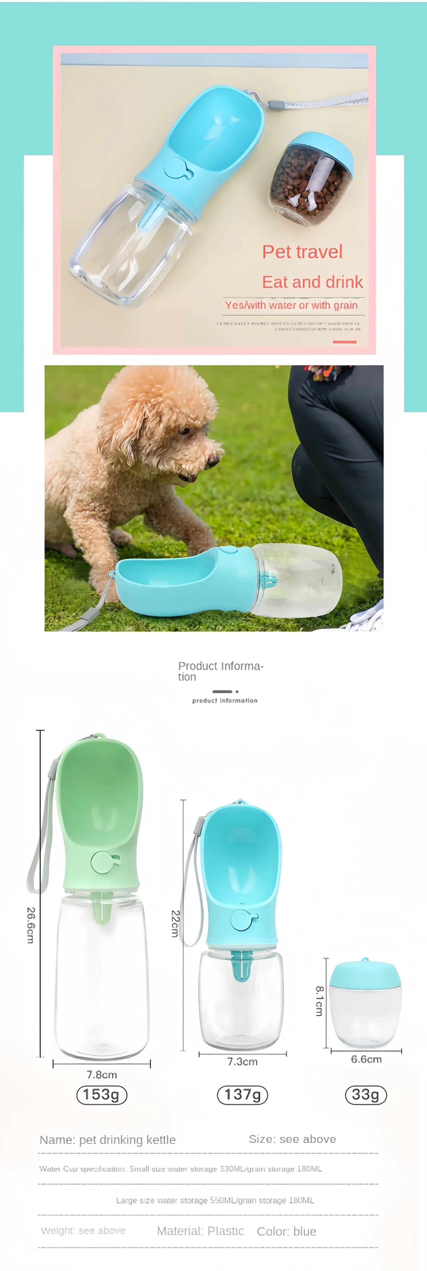 2 in 1 Portable Pet Water Bottle With Food Container (2 Pcs)