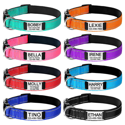 Adjustable Reflective Dog Collar Nylon Custom Engraved Name ID Tag Personalized Luminous Puppy Gleamy Large Unisex Dog Collar