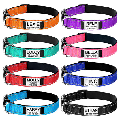 Adjustable Reflective Dog Collar Nylon Custom Engraved Name ID Tag Personalized Luminous Puppy Gleamy Large Unisex Dog Collar