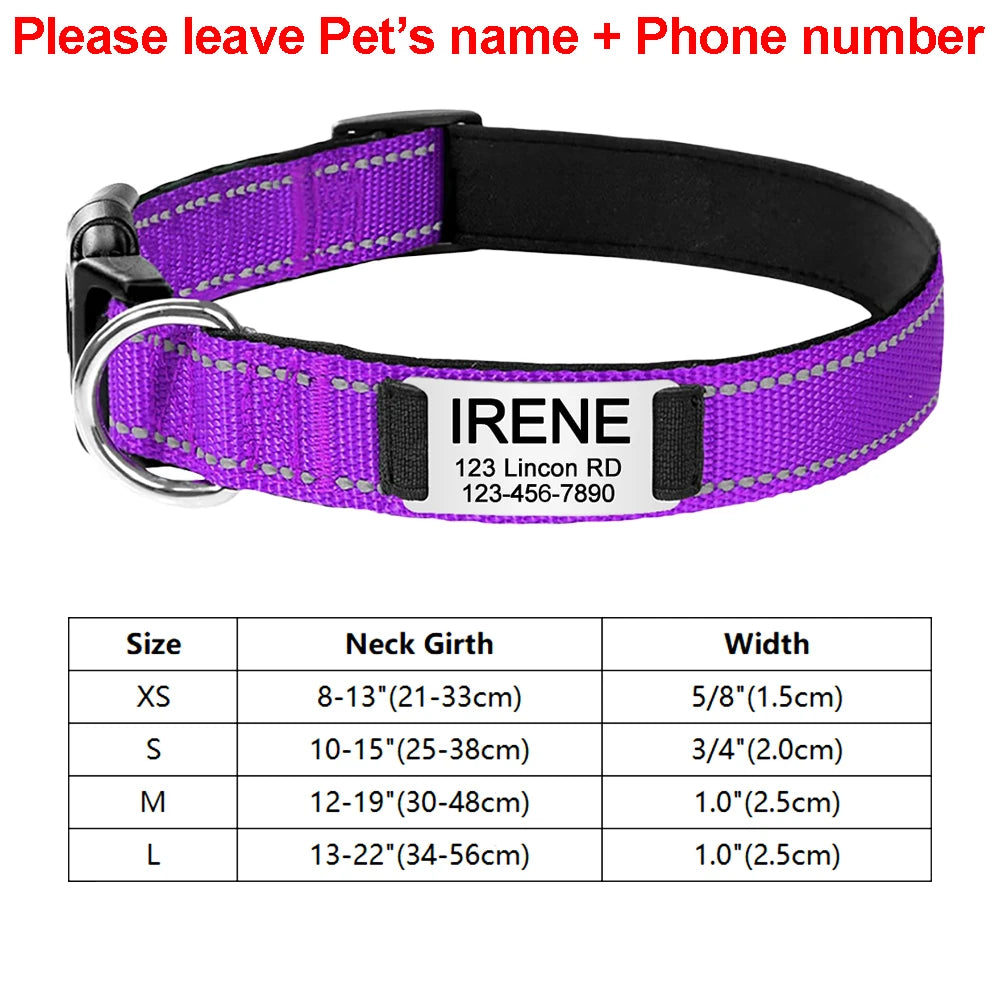 Adjustable Reflective Dog Collar Nylon Custom Engraved Name ID Tag Personalized Luminous Puppy Gleamy Large Unisex Dog Collar